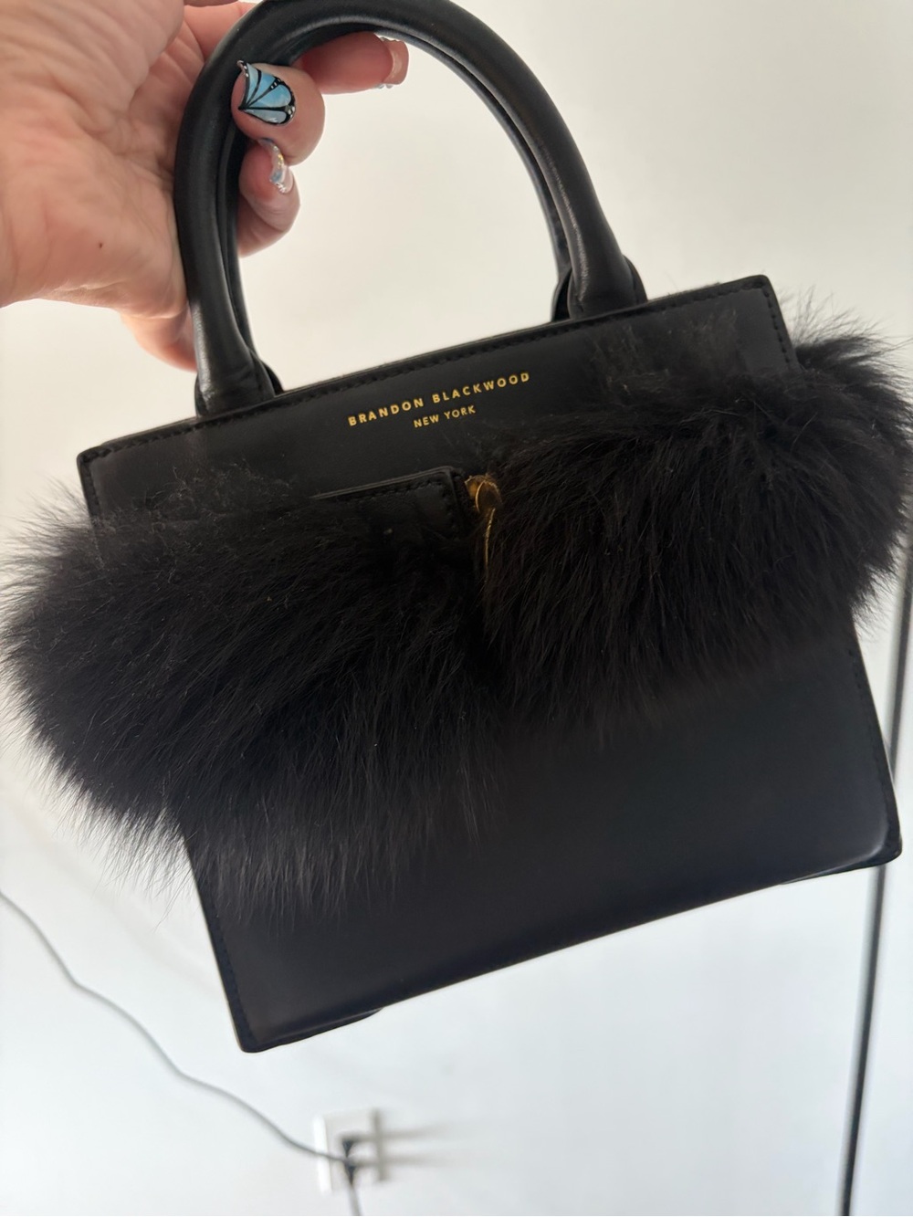 Brandon Blackwood Black Leather Top-Handle Bag with Fur Trim